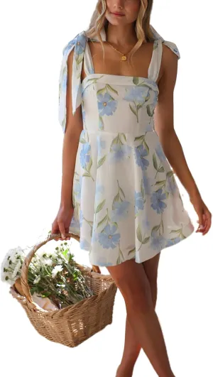 Women Y2K Tie Shoulder Mini Dress Floral Print Strap Flowy A-Line Dresses Summer Beach Vacation Sundress