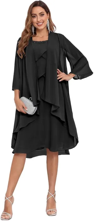 Women's 2 Pieces Mother of The Bride Dresses for Wedding with Jacket Ruffle Chiffon Formal Evening Gowns