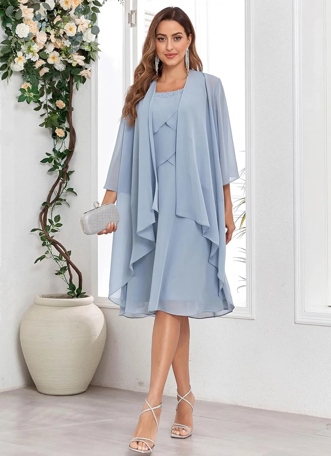 Women's 2 Pieces Mother of The Bride Dresses for Wedding with Jacket Ruffle Chiffon Formal Evening Gowns