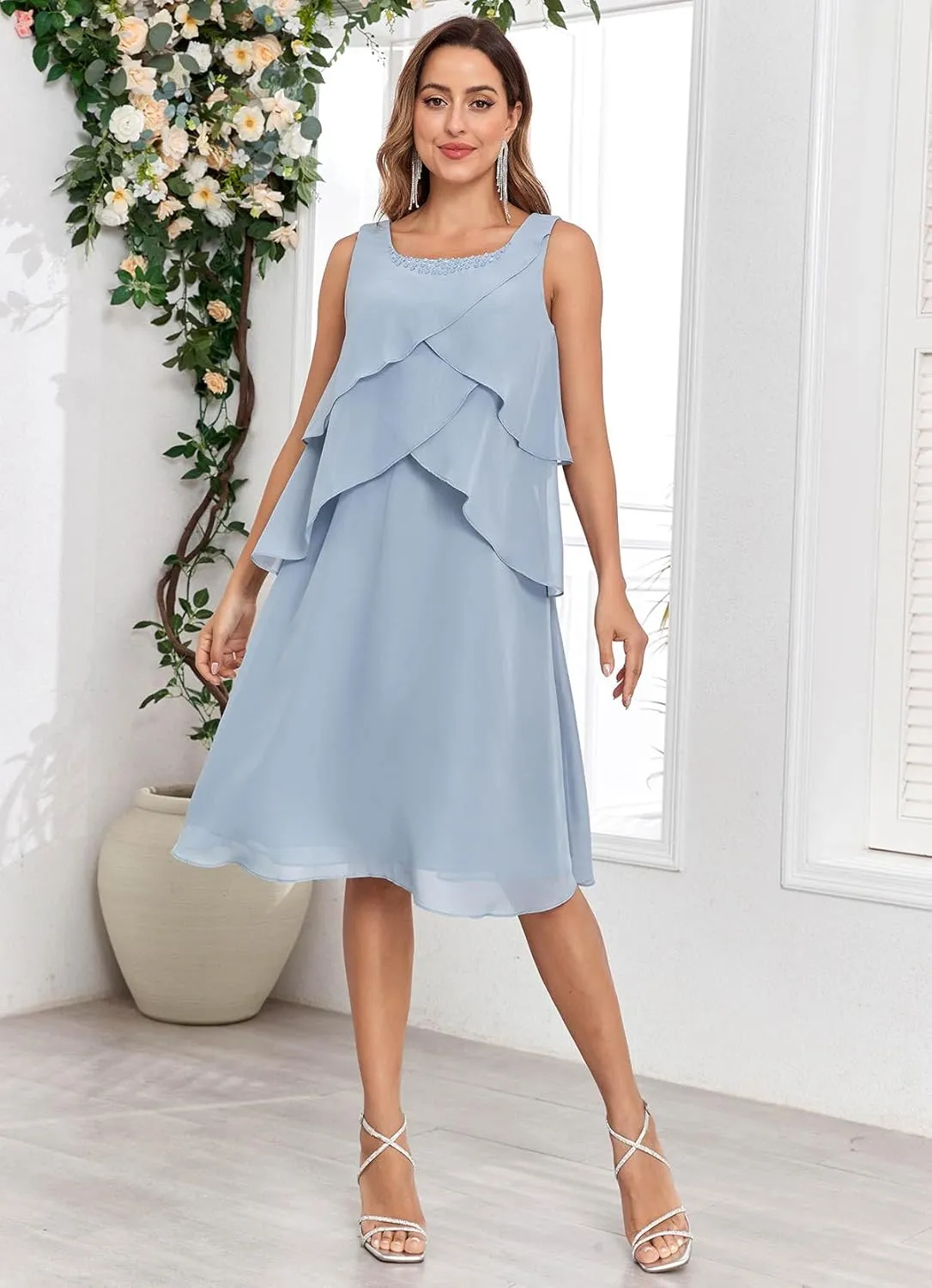 Women's 2 Pieces Mother of The Bride Dresses for Wedding with Jacket Ruffle Chiffon Formal Evening Gowns