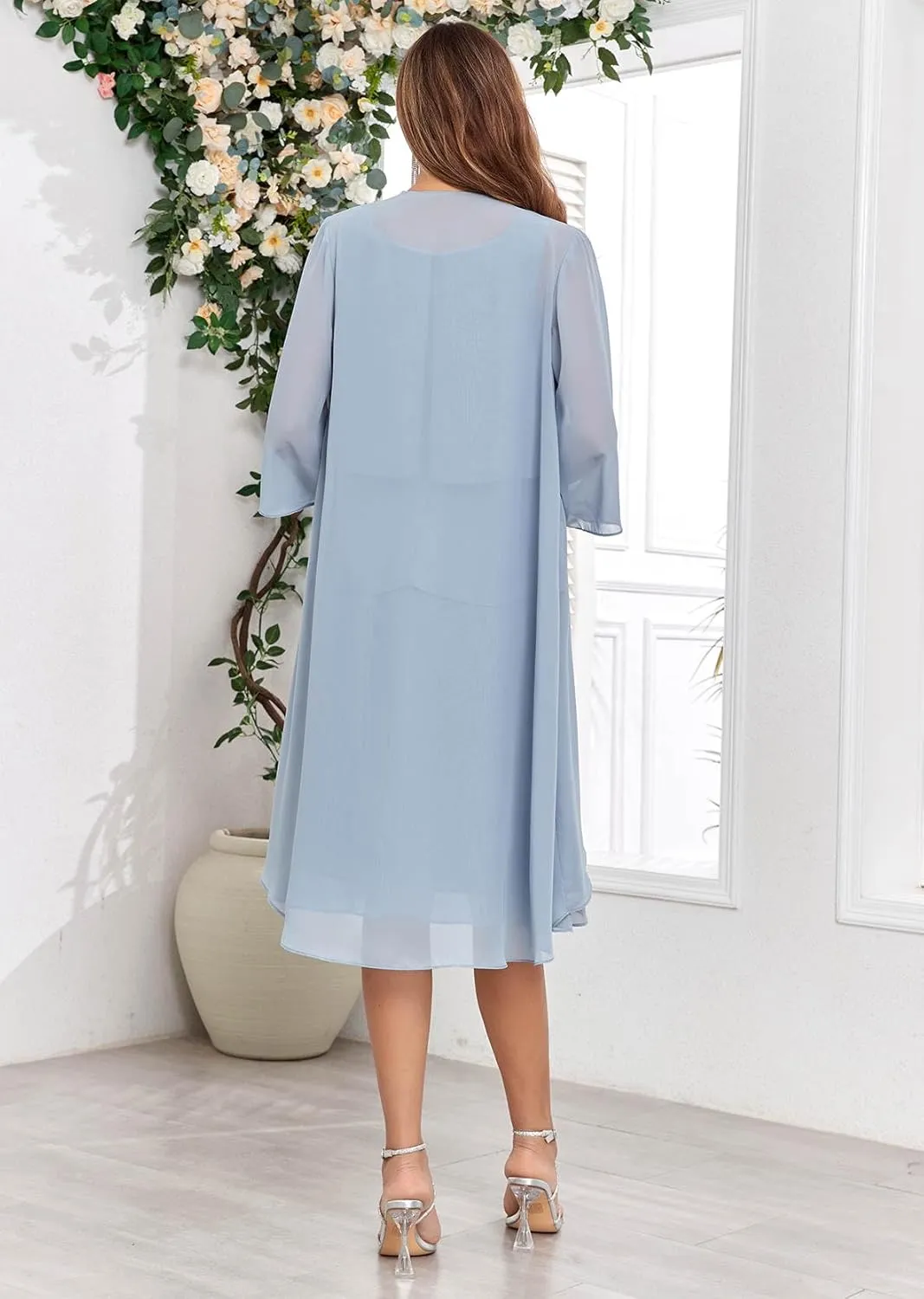 Women's 2 Pieces Mother of The Bride Dresses for Wedding with Jacket Ruffle Chiffon Formal Evening Gowns