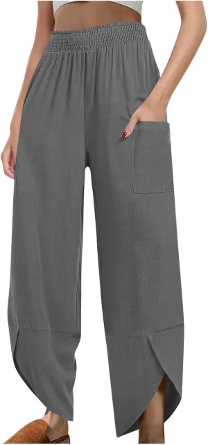 Womens Baggy Wide Leg Pants Linen Summer Casual Elastic Waisted Palazzo Pants Beach Loose Fit Trousers with Pockets