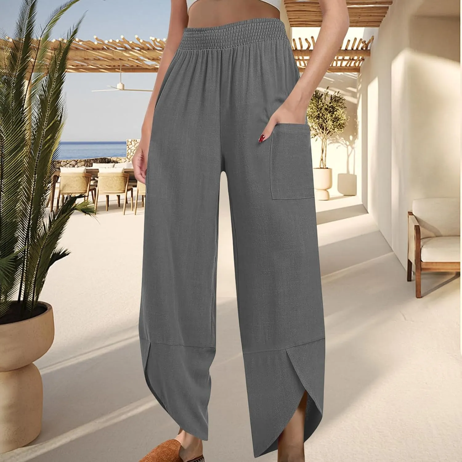 Womens Baggy Wide Leg Pants Linen Summer Casual Elastic Waisted Palazzo Pants Beach Loose Fit Trousers with Pockets
