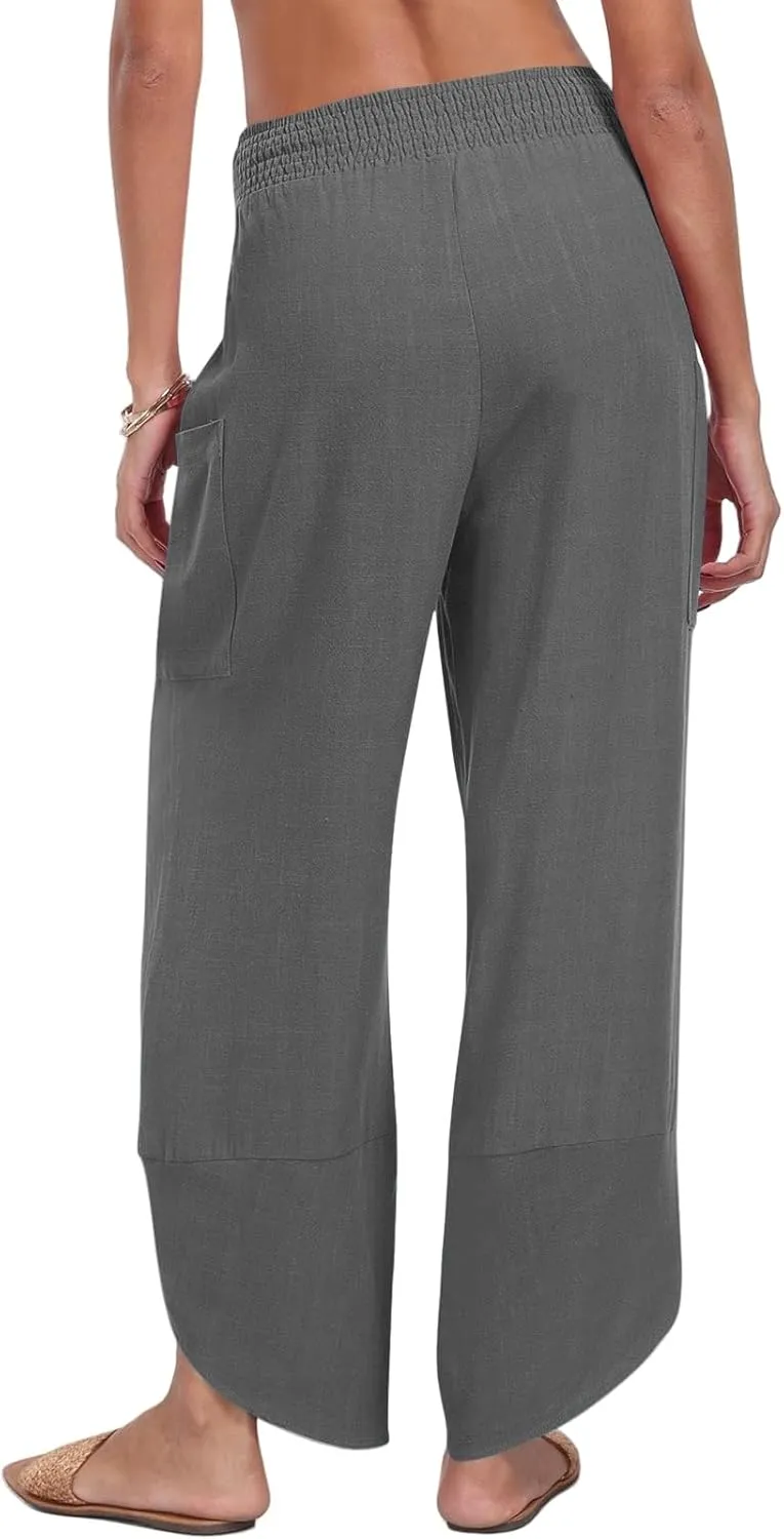 Womens Baggy Wide Leg Pants Linen Summer Casual Elastic Waisted Palazzo Pants Beach Loose Fit Trousers with Pockets