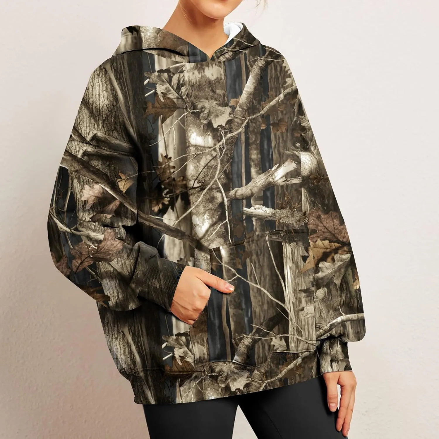 Womens Camo Hoodies Long Sleeve Pullover Fleece Oversized Sweaters Casual Sweatshirt for Teen Girls Tops with PocketW9