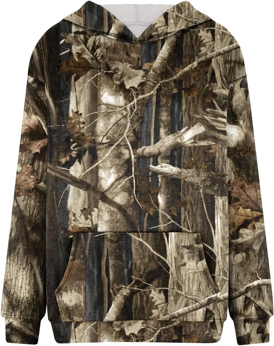 Womens Camo Hoodies Long Sleeve Pullover Fleece Oversized Sweaters Casual Sweatshirt for Teen Girls Tops with PocketW9