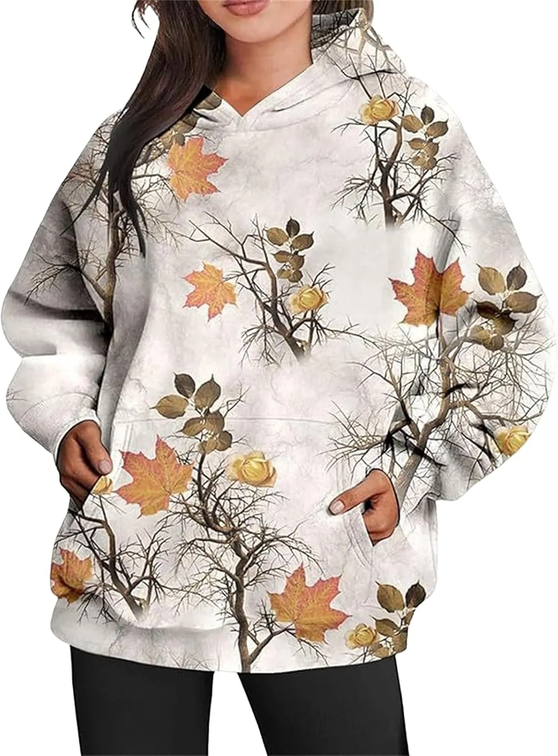 Womens Camo Hoodies Maple Leaf Print Oversized Hooded Sweatshirt Fleece Pullover Hoodies Y2K Sweatshirt with Pockets