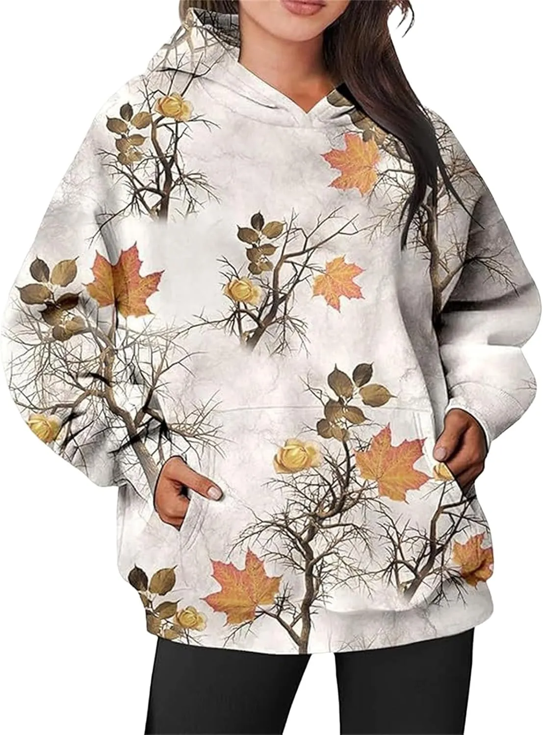 Womens Camo Hoodies Maple Leaf Print Oversized Hooded Sweatshirt Fleece Pullover Hoodies Y2K Sweatshirt with Pockets