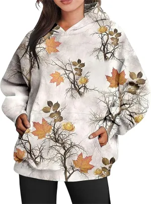 Womens Camo Hoodies Maple Leaf Print Oversized Hooded Sweatshirt Fleece Pullover Hoodies Y2K Sweatshirt with Pockets