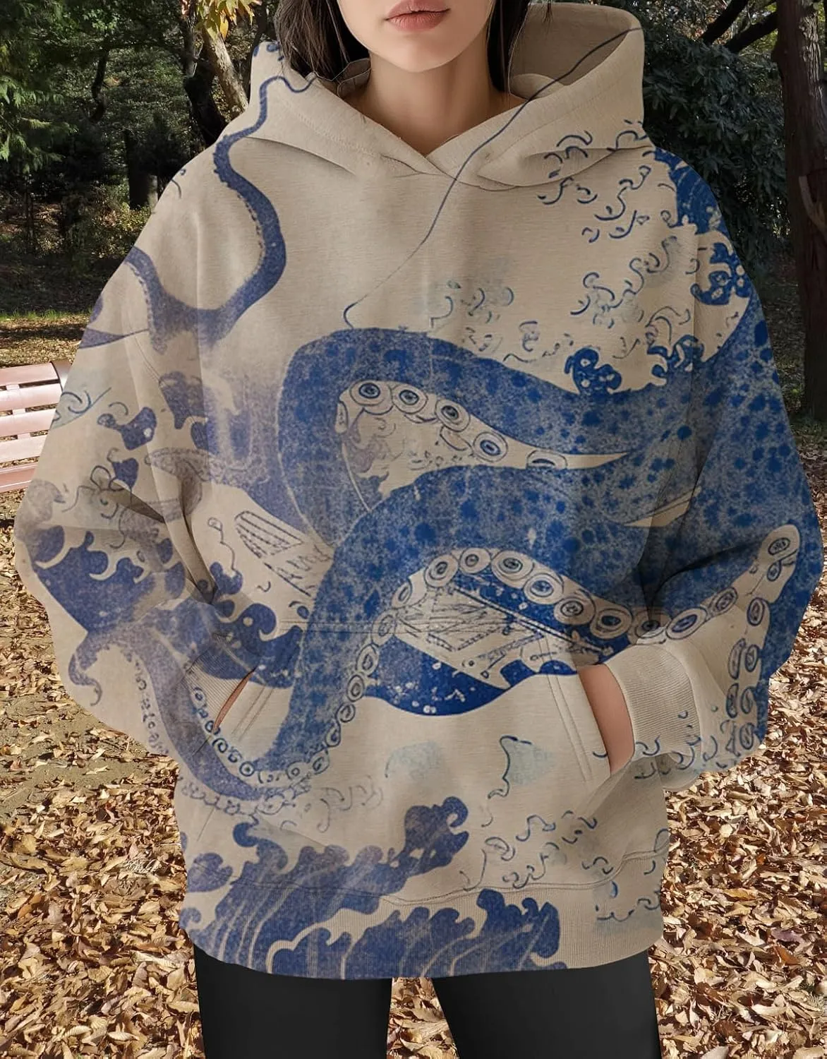 Womens Camo Hoodies Oversized Maple Leaf Print Long Sleeve Hooded Sweatshirt Casual Fleece Pullover Tops with Pockets