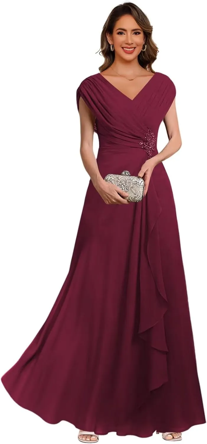 Women's Cap Sleeves Ruched Mother of The Bride Dresses 2025 Long Chiffon Formal Evening Dress DE269