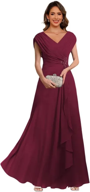 Women's Cap Sleeves Ruched Mother of The Bride Dresses 2025 Long Chiffon Formal Evening Dress DE269