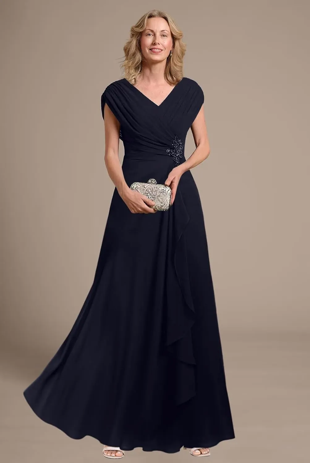 Women's Cap Sleeves Ruched Mother of The Bride Dresses 2025 Long Chiffon Formal Evening Dress DE269
