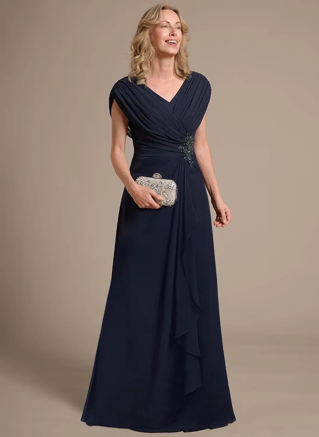 Women's Cap Sleeves Ruched Mother of The Bride Dresses 2025 Long Chiffon Formal Evening Dress DE269
