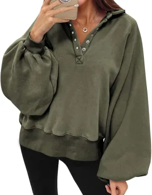 Womens Casual Button v Neck Hoodies Oversized Long Sleeve Hooded Pullover Sweatshirt Tops Fall Fashion Clothes 2023