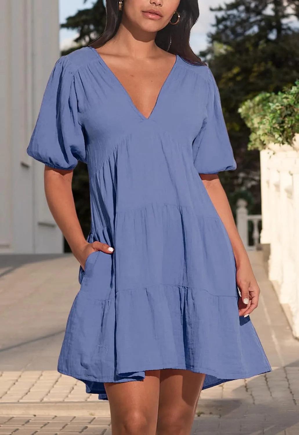 Women's Casual Dress Deep V-Neck Short Lantern Sleeve Tie Backless A Line Mini Dresses