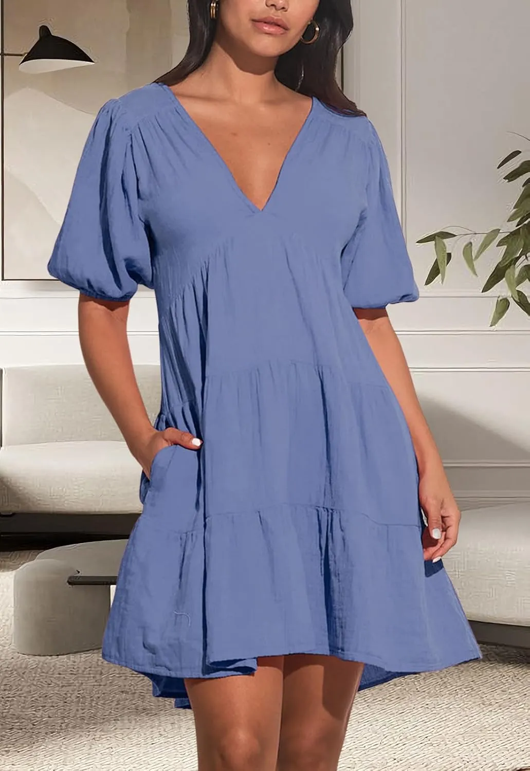 Women's Casual Dress Deep V-Neck Short Lantern Sleeve Tie Backless A Line Mini Dresses