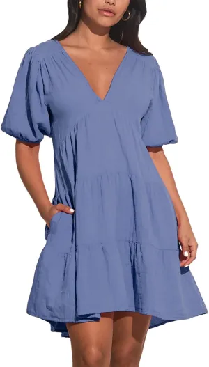 Women's Casual Dress Deep V-Neck Short Lantern Sleeve Tie Backless A Line Mini Dresses