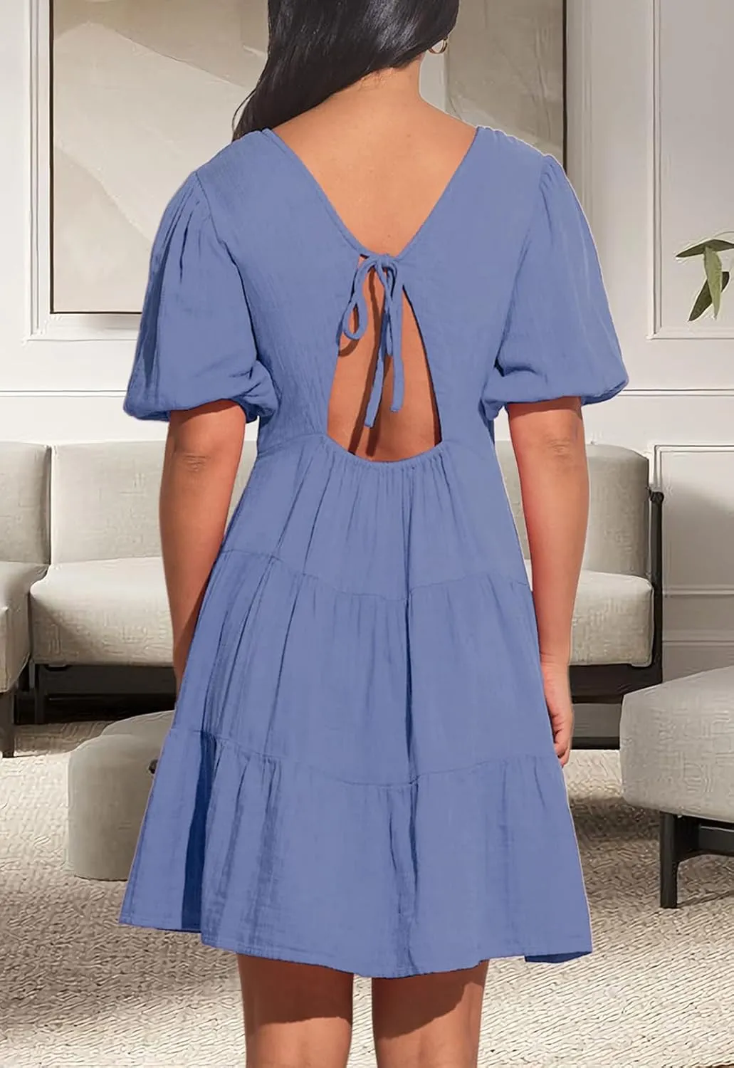 Women's Casual Dress Deep V-Neck Short Lantern Sleeve Tie Backless A Line Mini Dresses