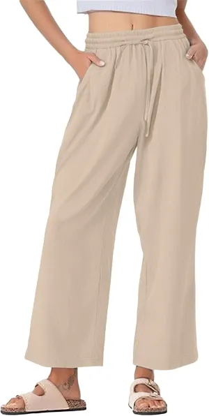 Womens Casual Linen High Waist Pants Drawstring Waist Loose Fit Summer Pants Beach Trousers Outfits
