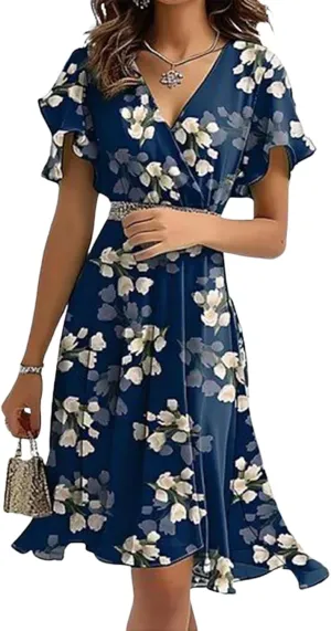 Womens Casual Outing Elegant Flowy Mini Dress 2025 V Neck Short Sleeves Floral Print Ruffle Wrap Summer Dress