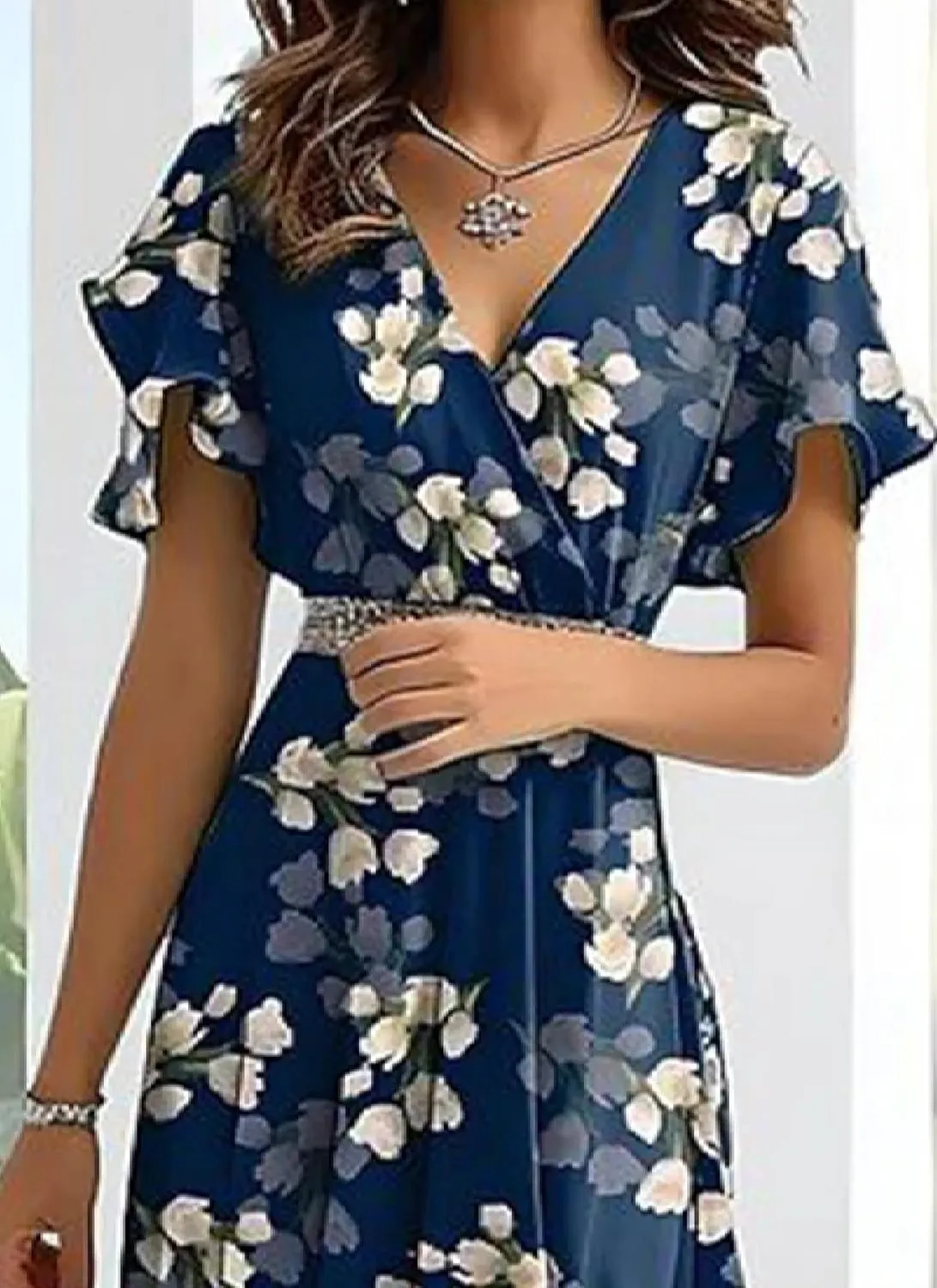 Womens Casual Outing Elegant Flowy Mini Dress 2025 V Neck Short Sleeves Floral Print Ruffle Wrap Summer Dress