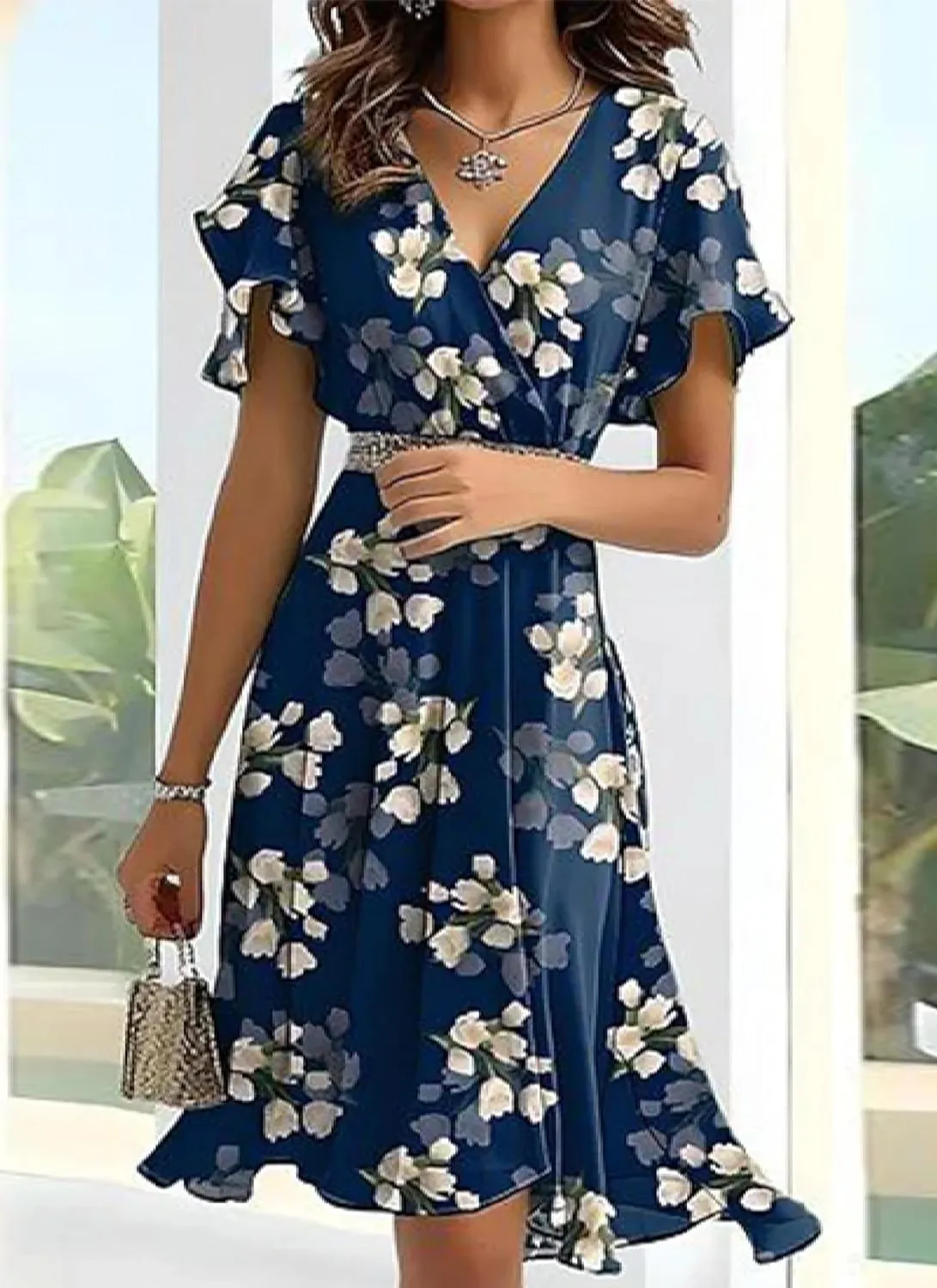 Womens Casual Outing Elegant Flowy Mini Dress 2025 V Neck Short Sleeves Floral Print Ruffle Wrap Summer Dress