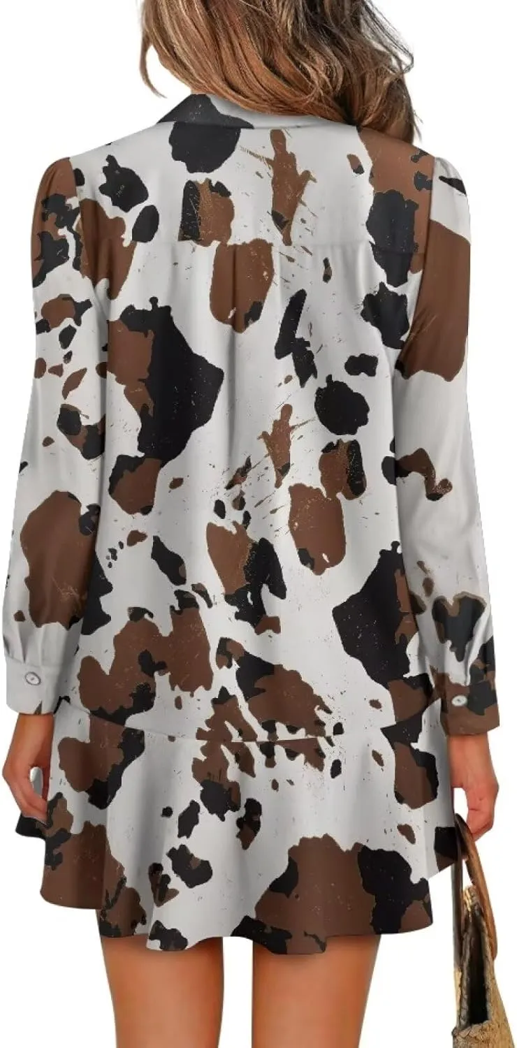 Women's Casual Shirt Mini Dress Long Sleeve Button Up Ruffle Hem Shift Dresses Loose Fashion Flowy Swing Hem