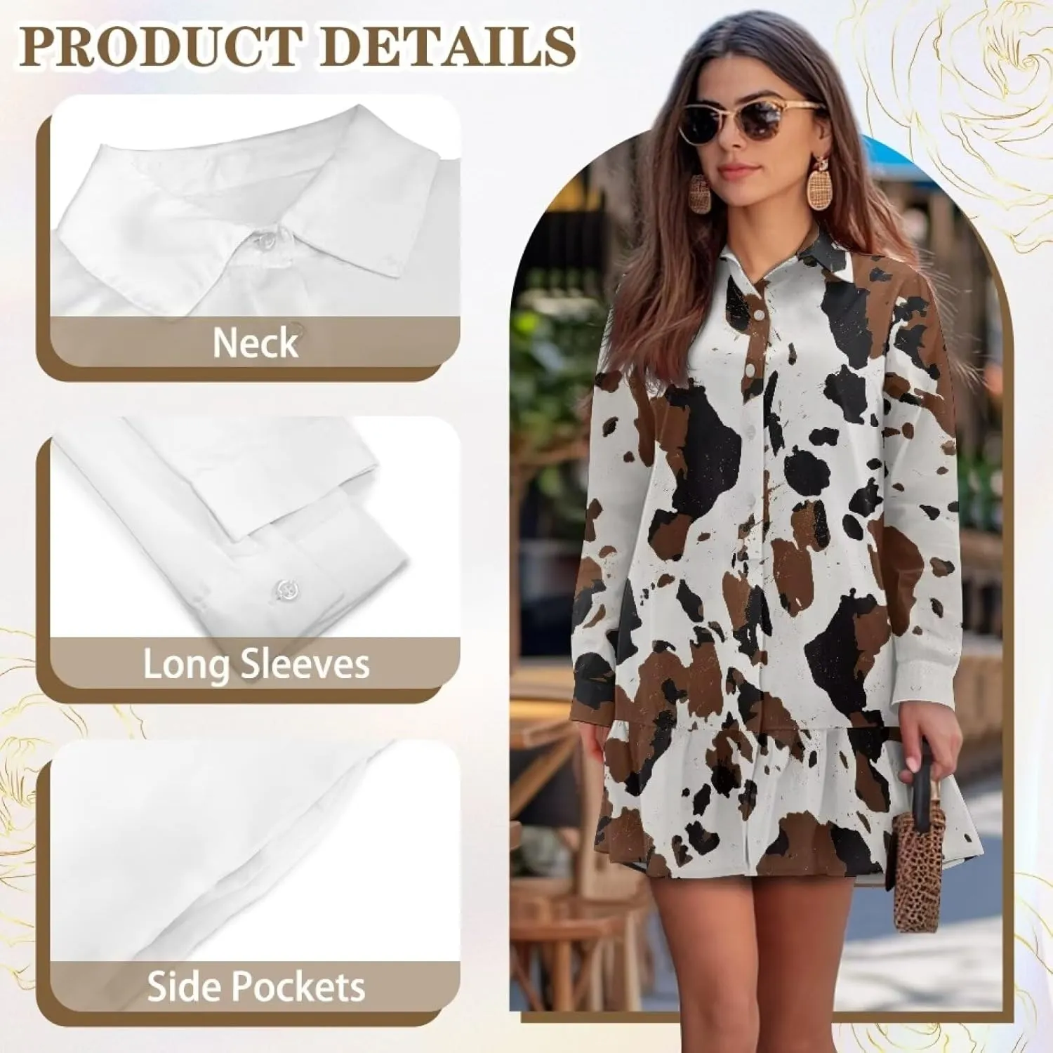Women's Casual Shirt Mini Dress Long Sleeve Button Up Ruffle Hem Shift Dresses Loose Fashion Flowy Swing Hem