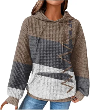 Women's Causal Oversized Cotton Hoodies Long Sleeve Pullover Color Hooded Pactchwork Sweatshirt Autumn & Winter