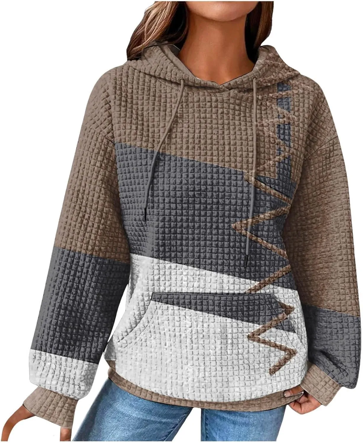 Women's Causal Oversized Cotton Hoodies Long Sleeve Pullover Color Hooded Pactchwork Sweatshirt Autumn & Winter