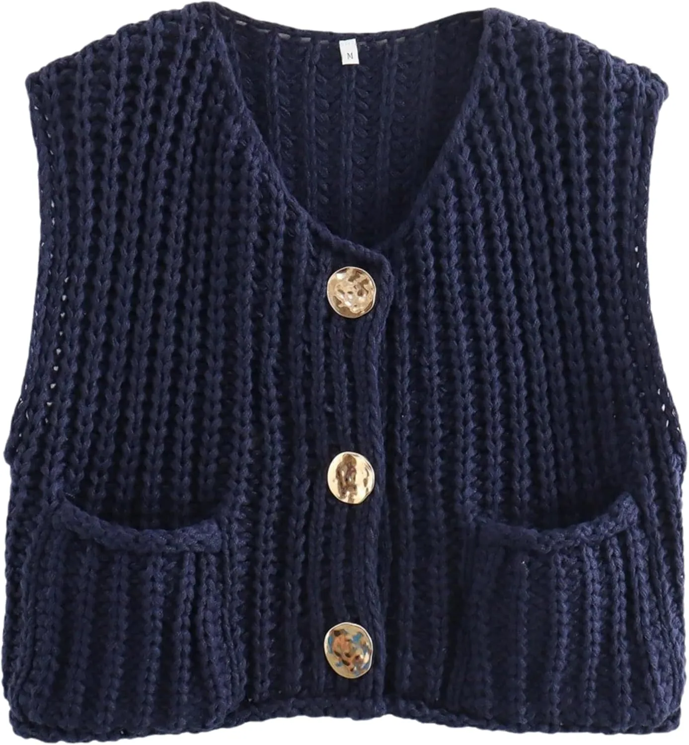 Women's Chunky Knit Vest Button Down Casual Sleeveless Cropped Crochet Sweater Cardigan with Pockets