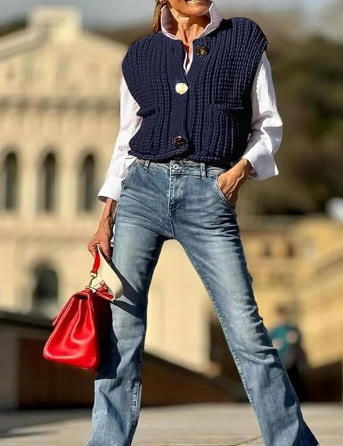 Women's Chunky Knit Vest Button Down Casual Sleeveless Cropped Crochet Sweater Cardigan with Pockets