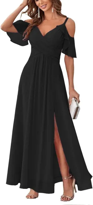 Women's Cold Shoulder Chiffon Bridesmaids Dresses with Slit Long V-Neck Formal Wedding Guest Dress LNL048