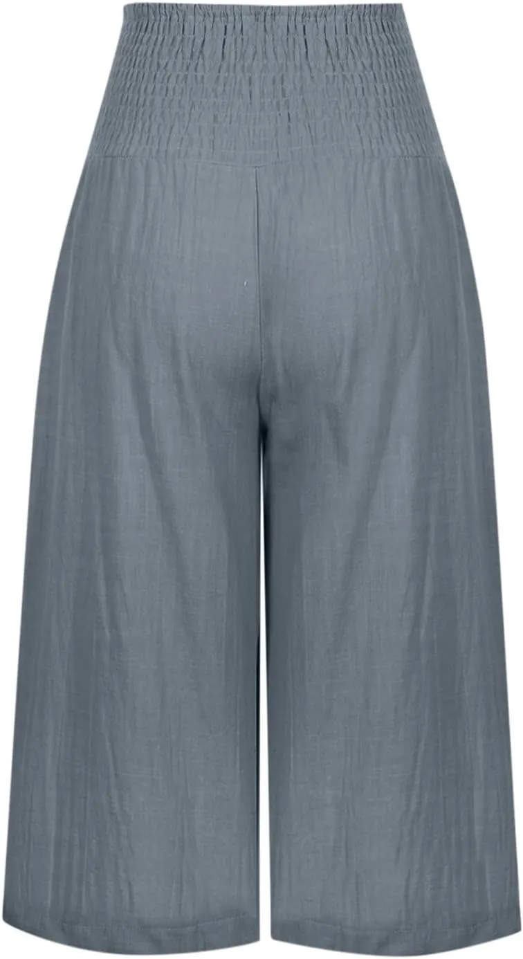 Womens Cotton Linen Capris Cropped Wide Leg Palazzo Pants High-Rise Smocked Waist Summer Trousers with Pockets