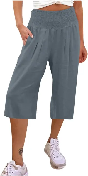 Womens Cotton Linen Capris Cropped Wide Leg Palazzo Pants High-Rise Smocked Waist Summer Trousers with Pockets