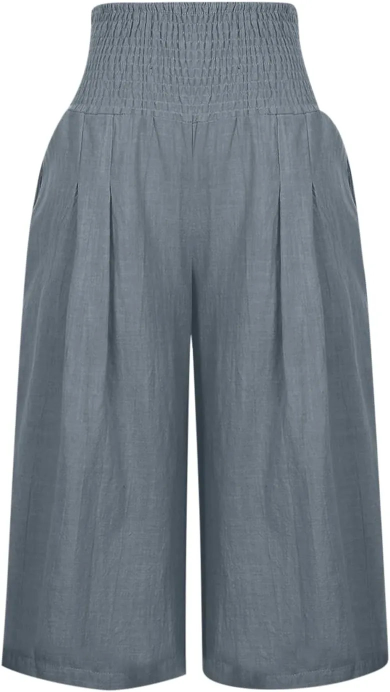 Womens Cotton Linen Capris Cropped Wide Leg Palazzo Pants High-Rise Smocked Waist Summer Trousers with Pockets