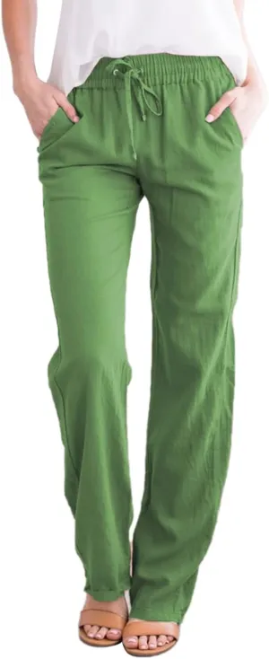 Women's Cotton Linen Palazzo Pants Summer Solid Color Drawstring Wide Leg Loose Beach Trousers with Pockets