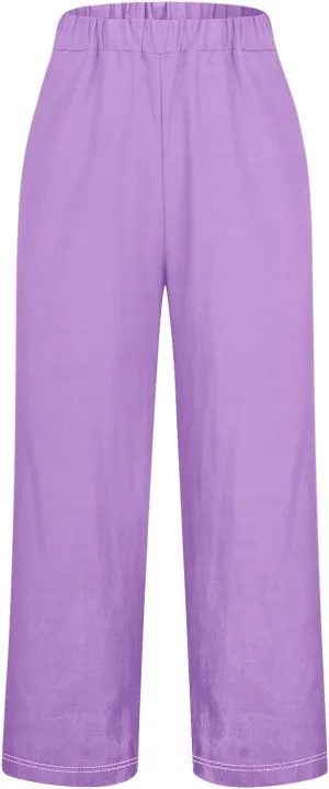 Women's Cotton Linen Pants Casual Boho Elastic Waisted Drawstring Straight Leg Summer Palazzo Beach Baggy Capri Pant
