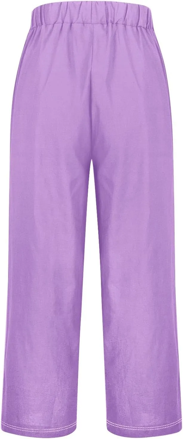 Women's Cotton Linen Pants Casual Boho Elastic Waisted Drawstring Straight Leg Summer Palazzo Beach Baggy Capri Pant