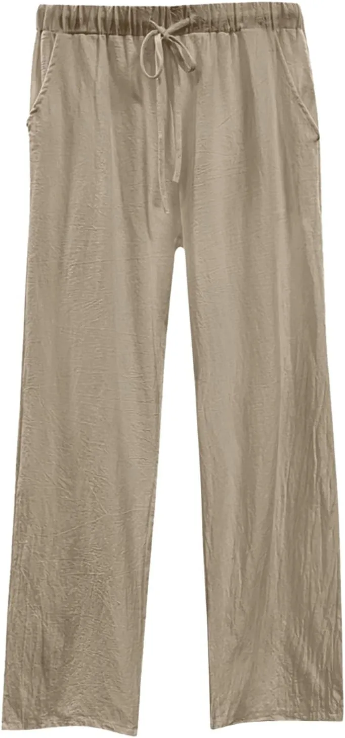 Womens Cotton Linen Pants Pants Casual Drawstring Elastic Trousers Comfy Straight Leg Long with Pockets Casual
