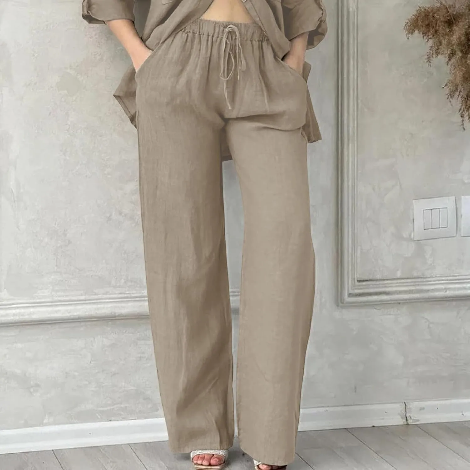 Womens Cotton Linen Pants Pants Casual Drawstring Elastic Trousers Comfy Straight Leg Long with Pockets Casual