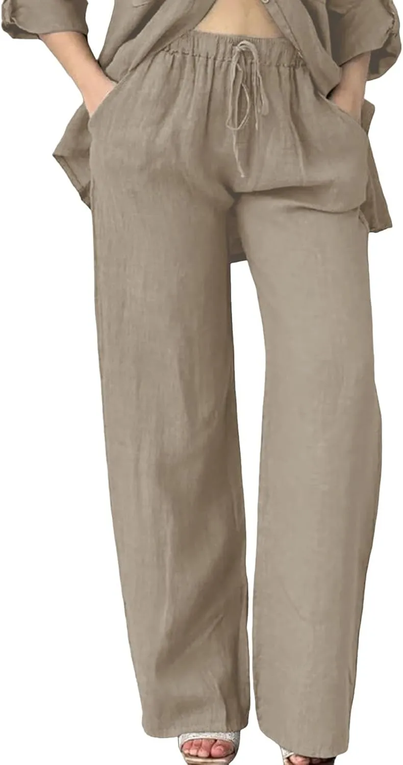 Womens Cotton Linen Pants Pants Casual Drawstring Elastic Trousers Comfy Straight Leg Long with Pockets Casual