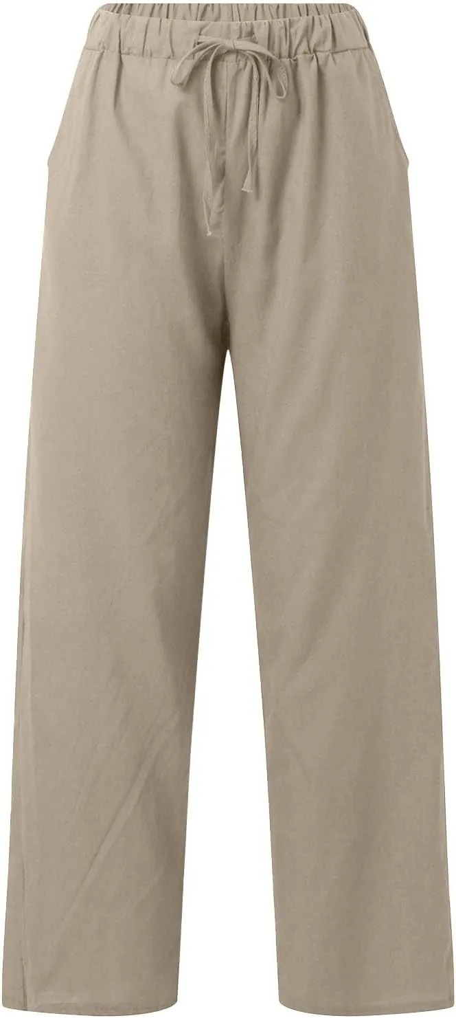 Womens Cotton Linen Pants Pants Casual Drawstring Elastic Trousers Comfy Straight Leg Long with Pockets Casual