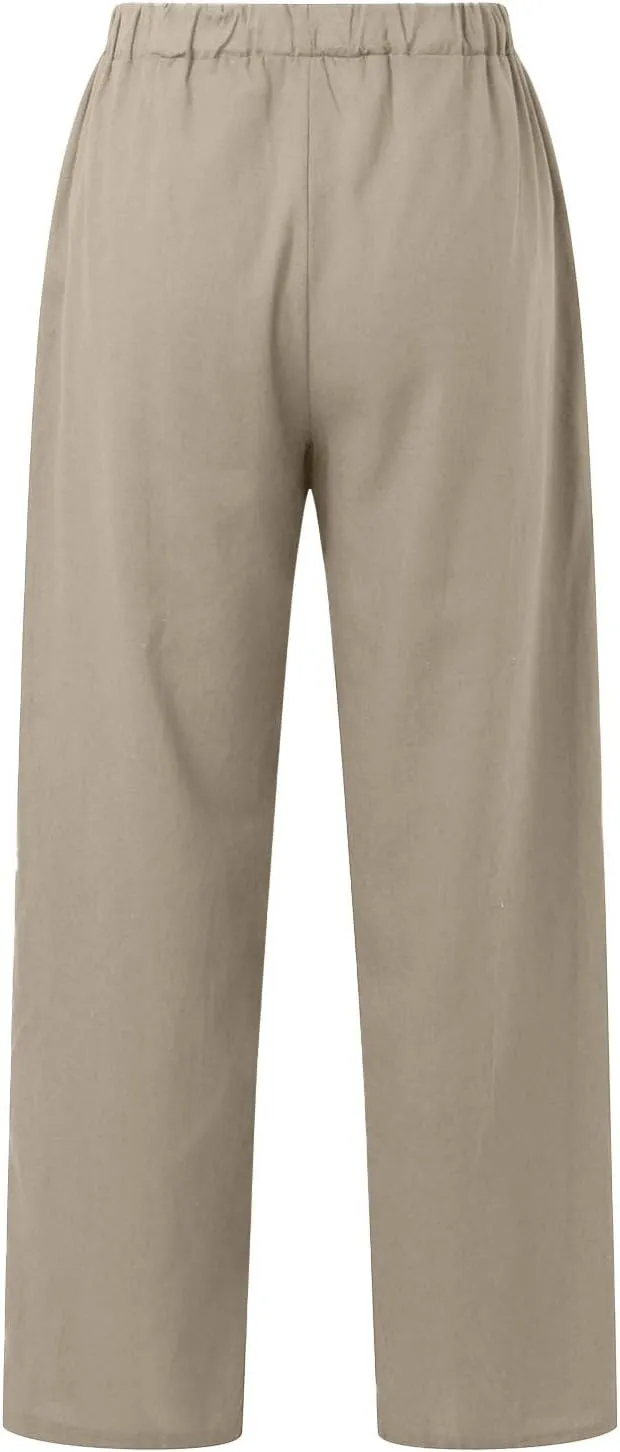Womens Cotton Linen Pants Pants Casual Drawstring Elastic Trousers Comfy Straight Leg Long with Pockets Casual