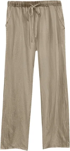Womens Cotton Linen Pants Pants Casual Drawstring Elastic Trousers Comfy Straight Leg Long with Pockets Casual
