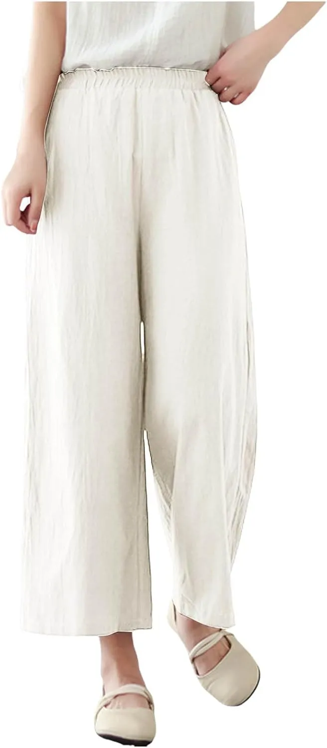 Womens Cotton Linen Summer Fashion Palazzo Pants Elastic Waisted Stretchy Slim Fit Trouser Work Business