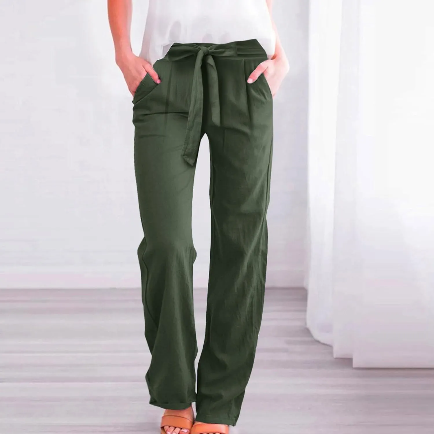 Women's Cotton Linen Summer Lightweigt Palazzo Pants Low Waist Wide Leg Loose Fit Pants Travel
