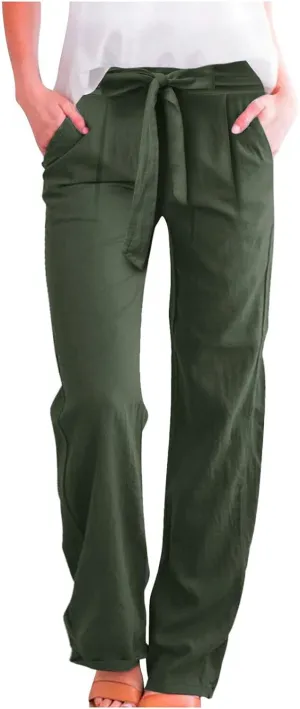 Women's Cotton Linen Summer Lightweigt Palazzo Pants Low Waist Wide Leg Loose Fit Pants Travel