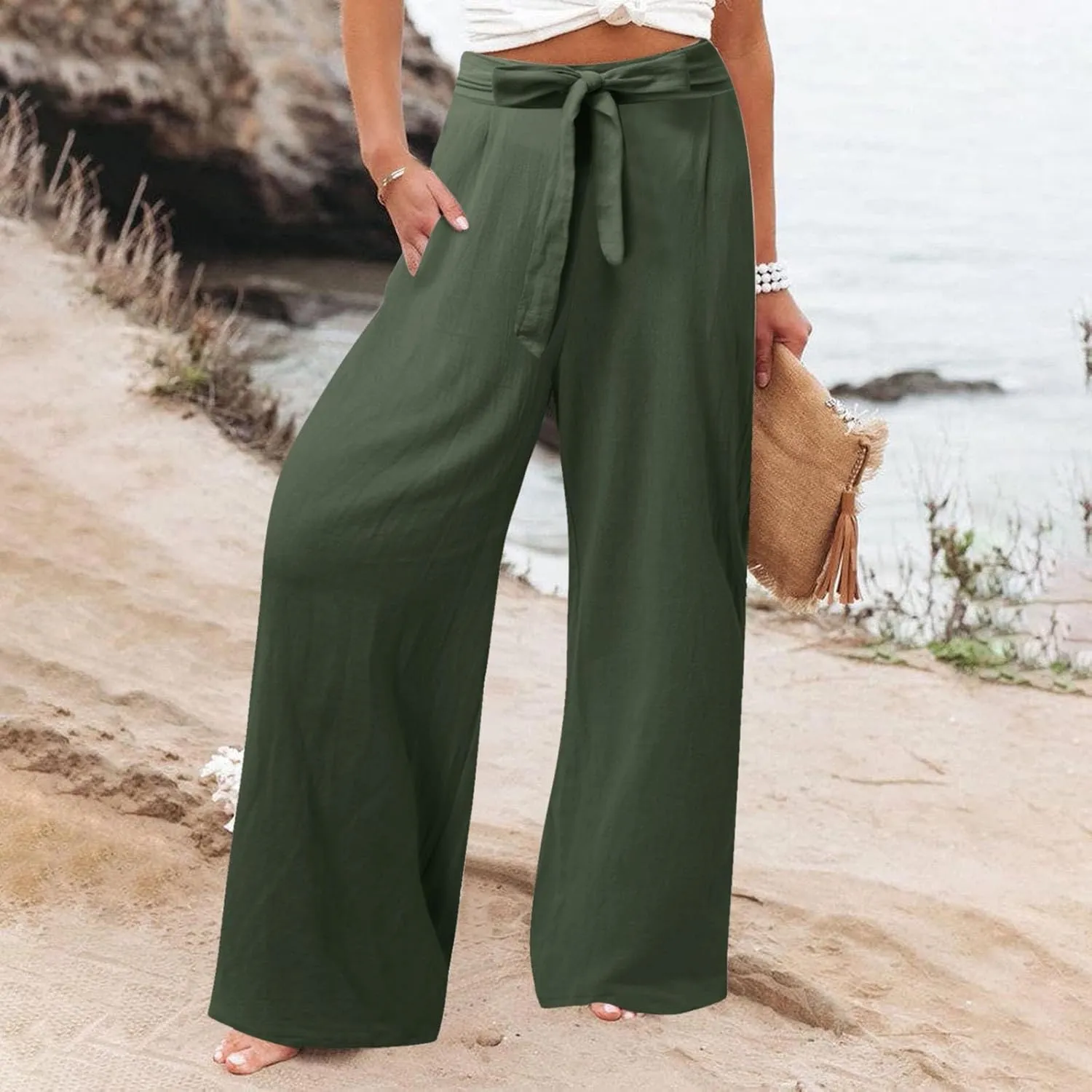 Women's Cotton Linen Summer Lightweigt Palazzo Pants Low Waist Wide Leg Loose Fit Pants Travel